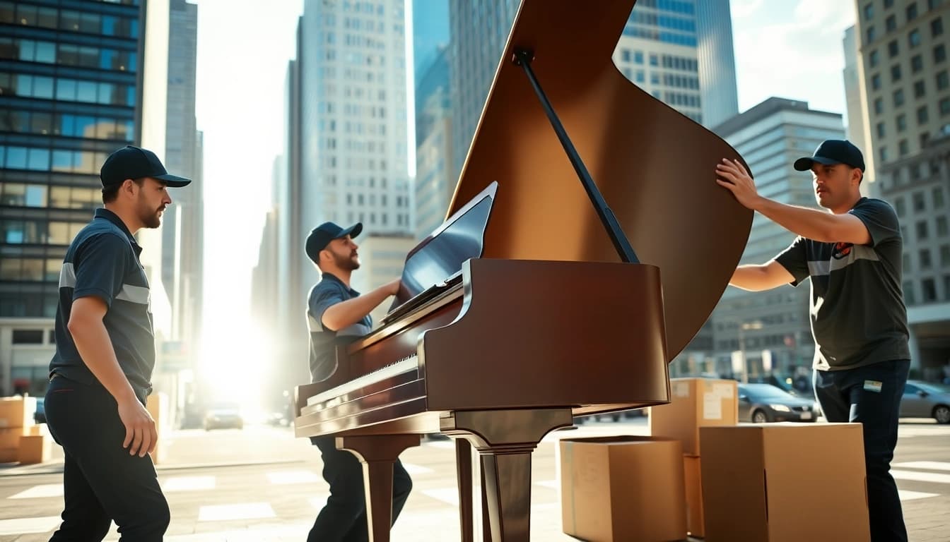 Efficient team from Clean Cut Movers NYC expertly relocating a piano amidst vibrant New York City.