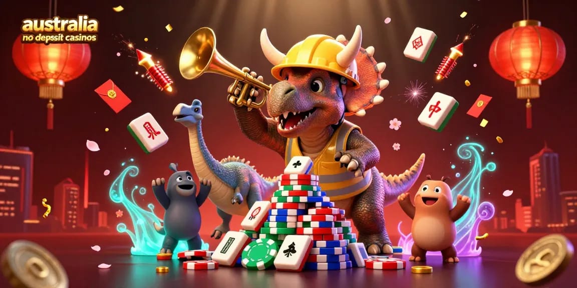 Experience australia no deposit casinos with a colorful, dynamic 3D illustration showcasing poker-themed elements.