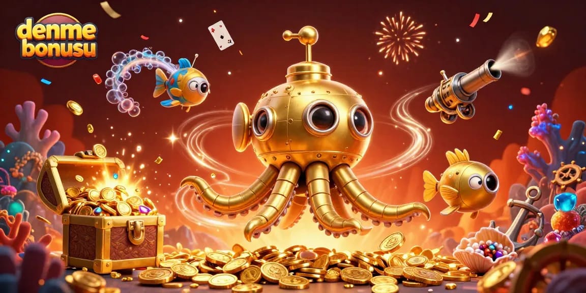 Experience deneme bonusu excitement as the golden kraken submarine emerges from coins, surrounded by vibrant casino elements.