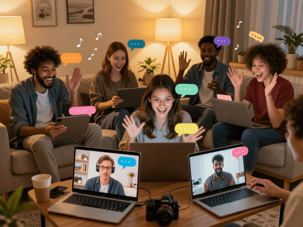 Engaging hentai chat session among diverse individuals enjoying vibrant online interactions in a cozy living room.