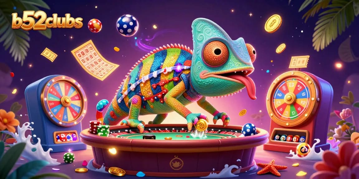 Experience gaming excitement at b52clubss with vibrant lottery balls and a chameleon owner.