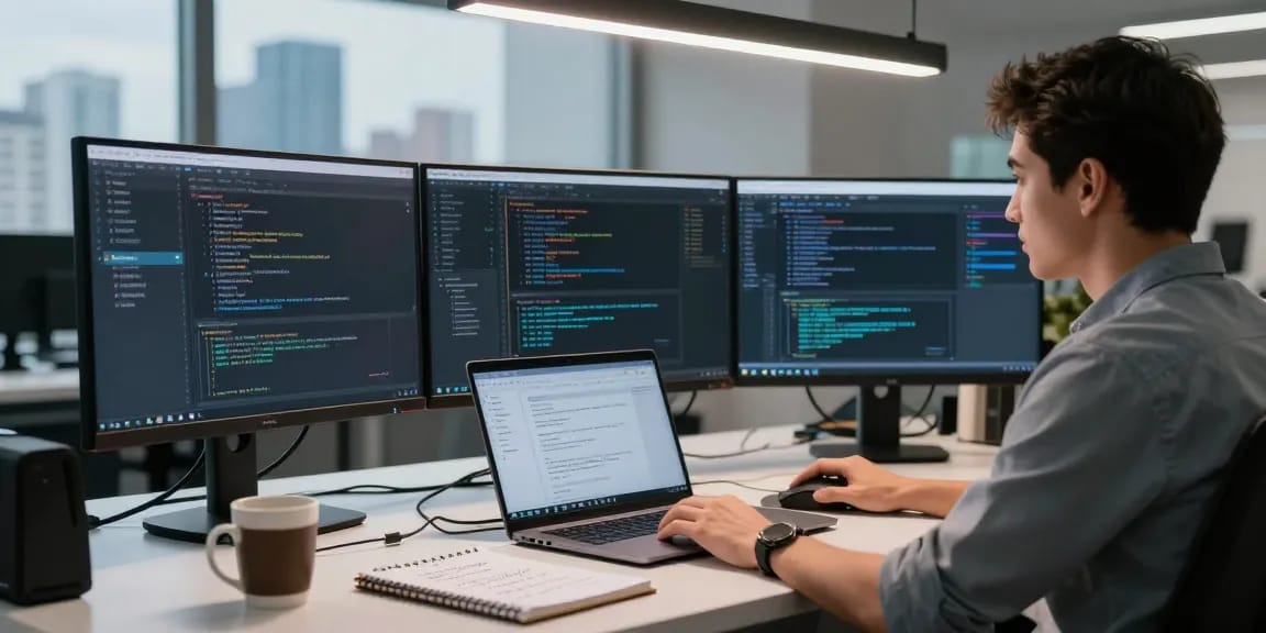 Servidores VPS Windows en México showcased in a tech workspace with a developer managing multiple screens.