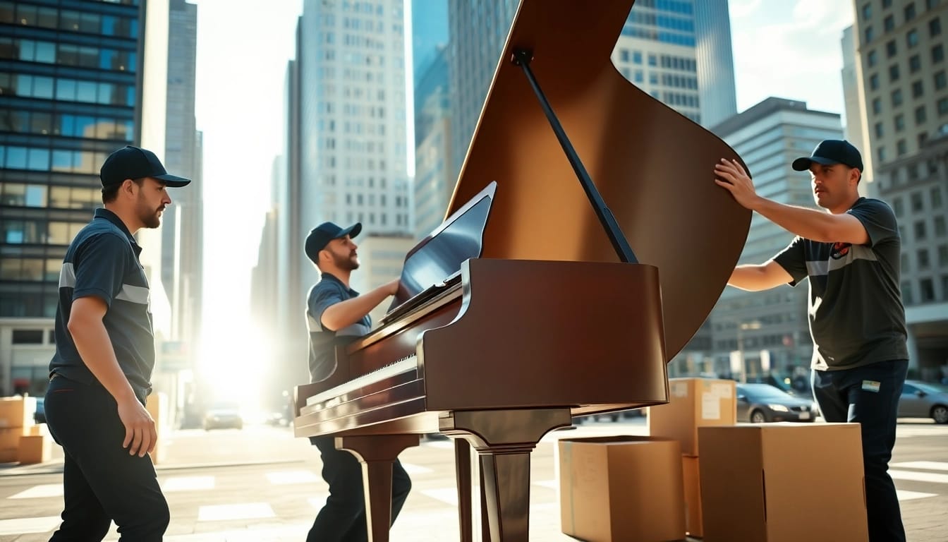 Efficient team from Clean Cut Movers NYC expertly relocating a piano amidst vibrant New York City.