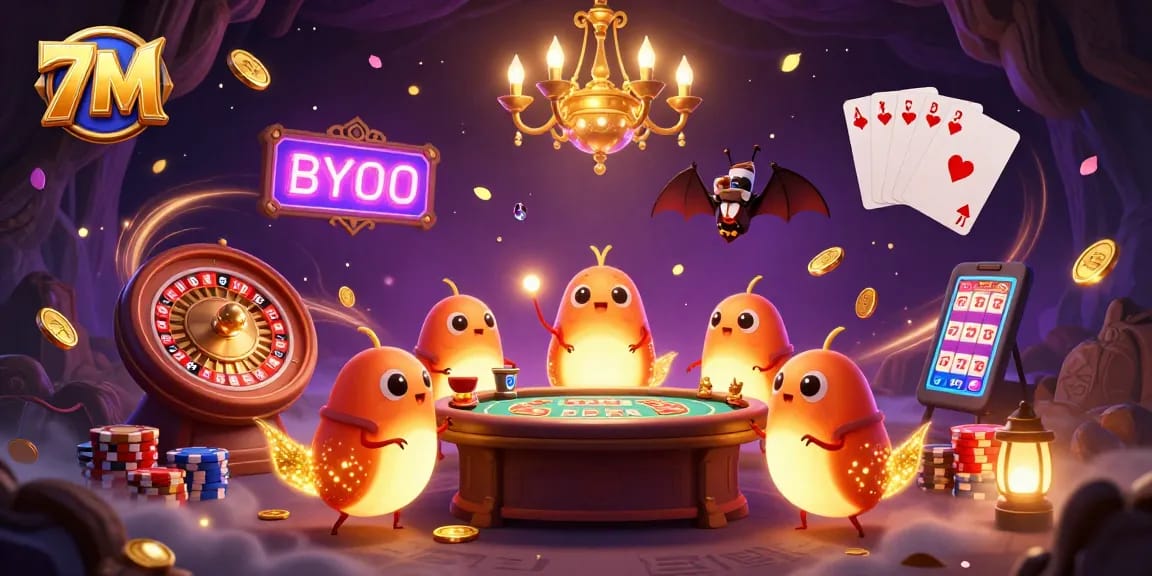 Experience 7M's dynamic gambling action with glowworms illuminating a vibrant cave casino scene.