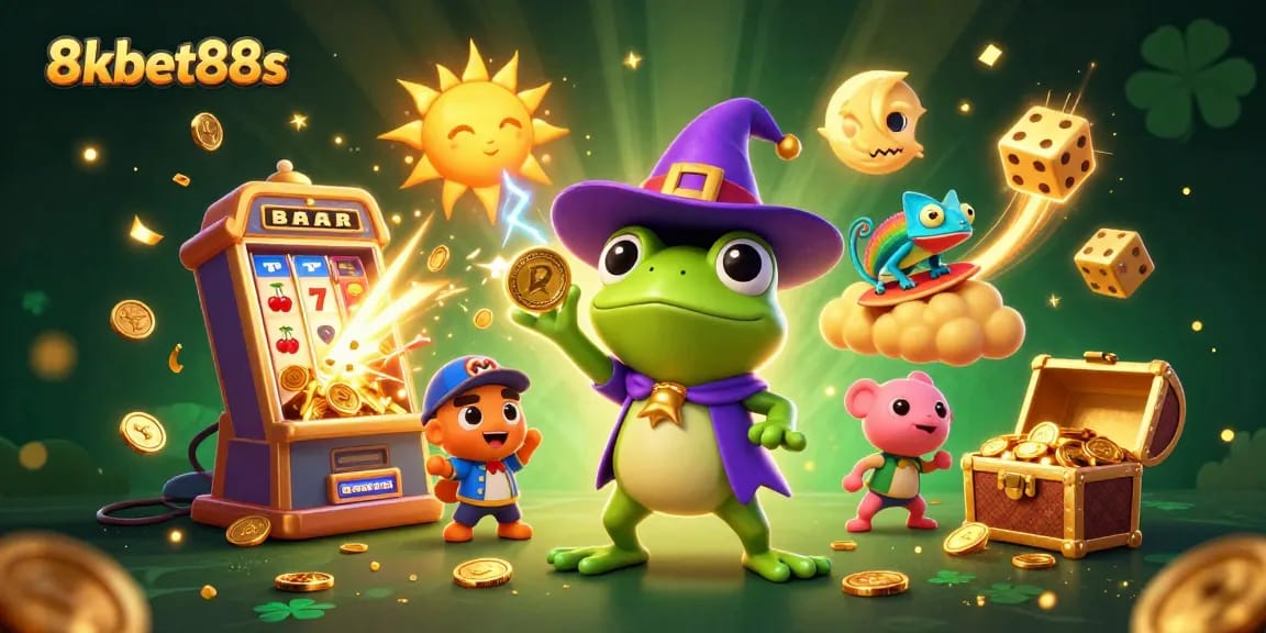 8kbet88s captures a dynamic casino scene of wizard frog, chameleon, and slot machine chaos.