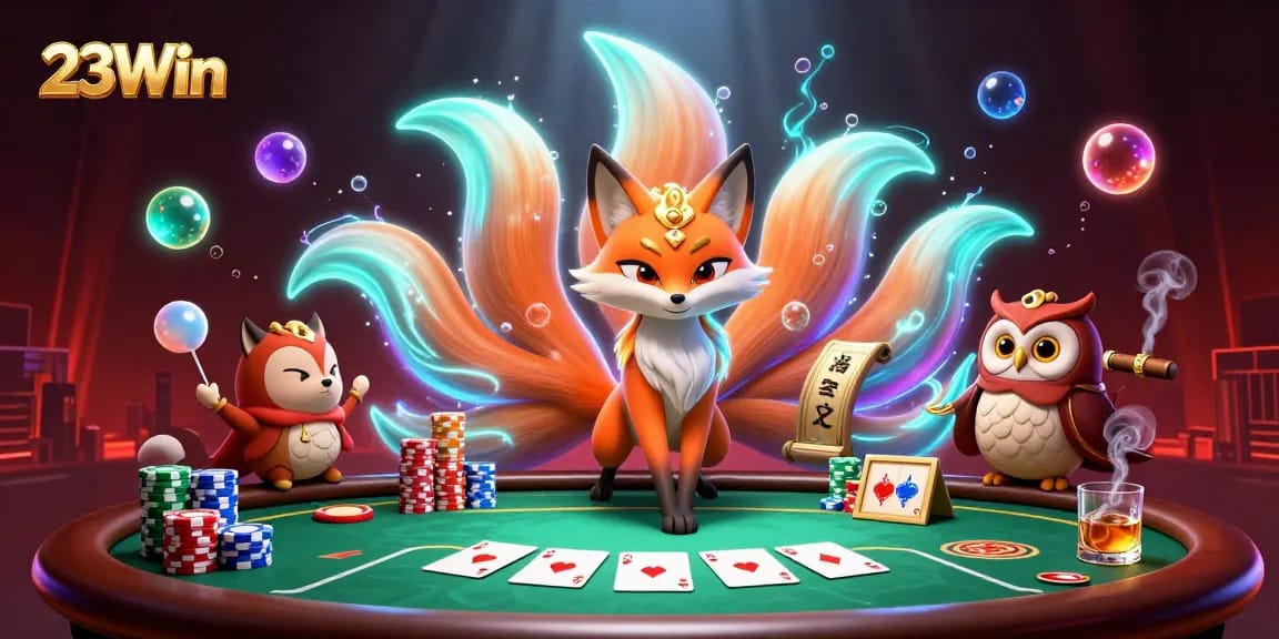 Experience the thrilling atmosphere of poker at 23Win with a vibrant scene featuring a glowing nine-tailed fox and wise owl.