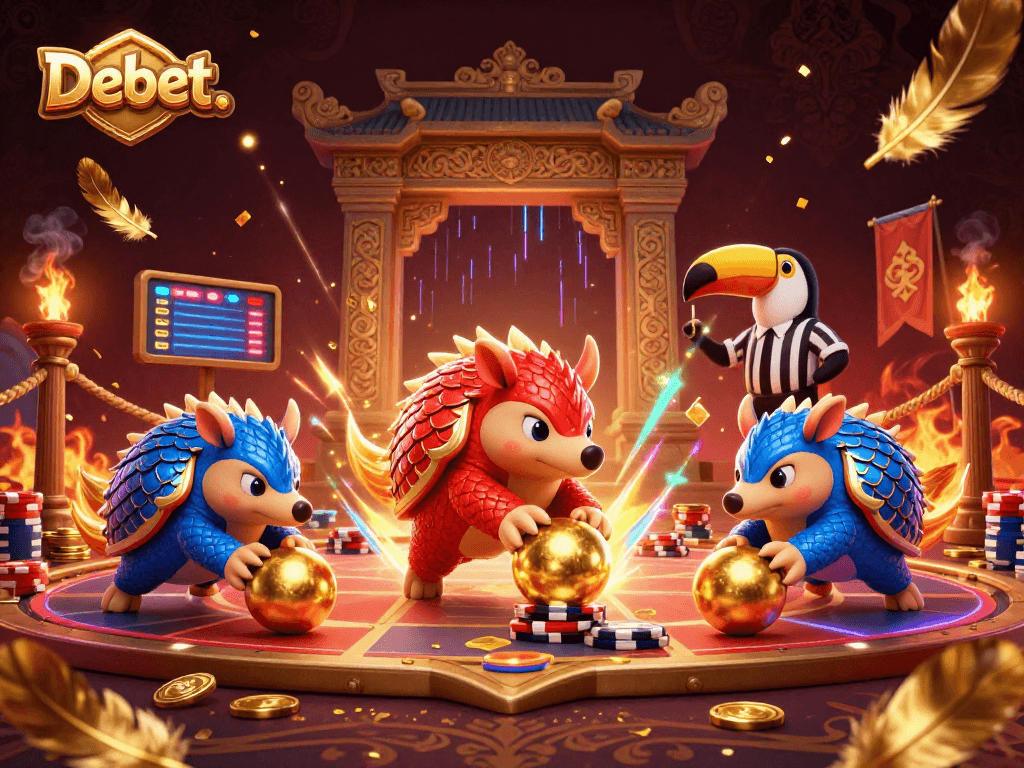 Debet. showcases a lively scene of rival pangolins in a spectacular gambling arena.