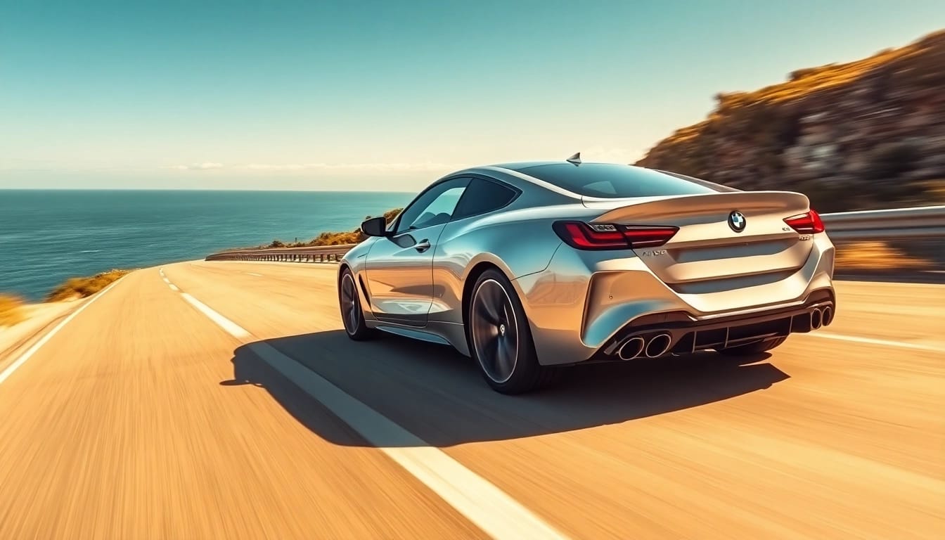 Luxury BMW car navigating a coastal road, showcasing elegance and power in motion.