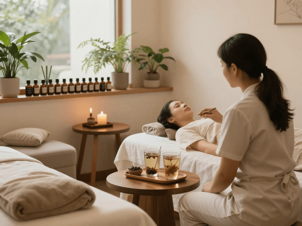 Relaxation space at Balanced Massage showcasing therapist consultation and aromatherapy oils for mantra88 relaxation experience.