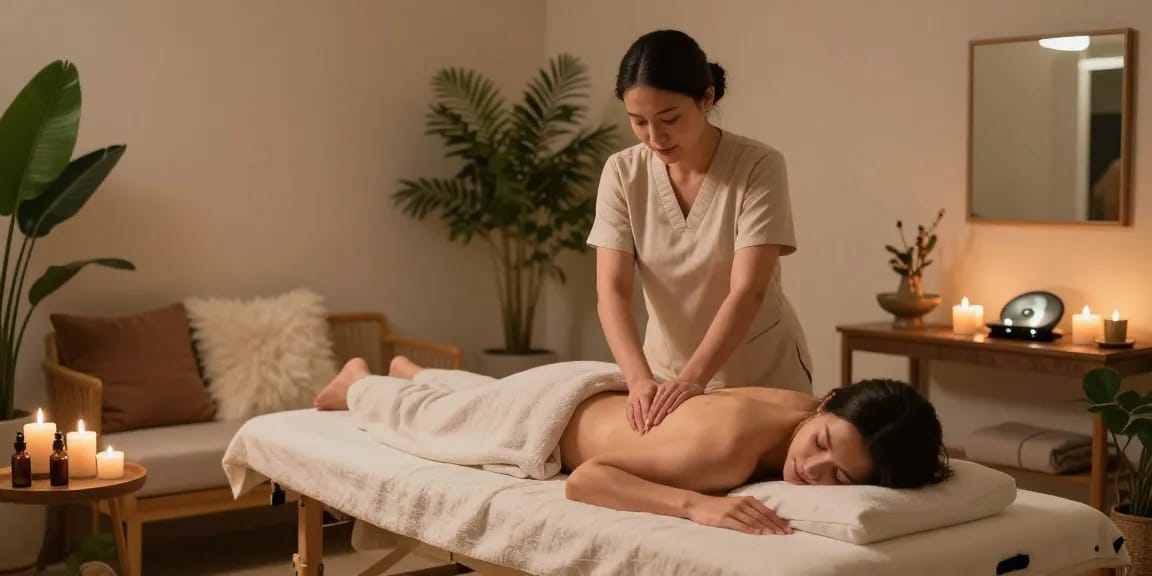 마사지 치료실에서 아로마 향과 함께 편안하게 치료 받는 모습
