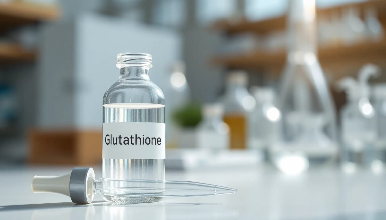 Showcasing a clear vial of glutathione peptide in a lab, emphasizing precision and scientific research.