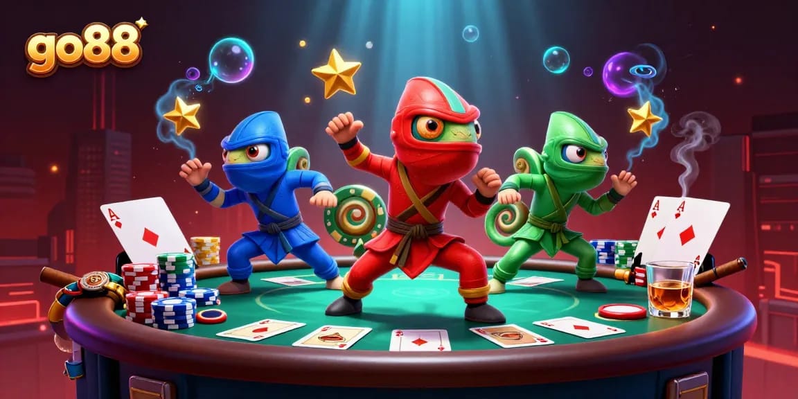 Experience the thrill of go88 with a vibrant chameleon ninja team showcasing poker legends on a rooftop.