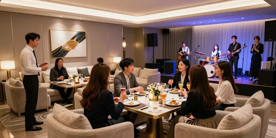 강남 구구단의 고급스러운 룸살롱 환경에서 손님들이 즐거운 시간을 보내는 모습