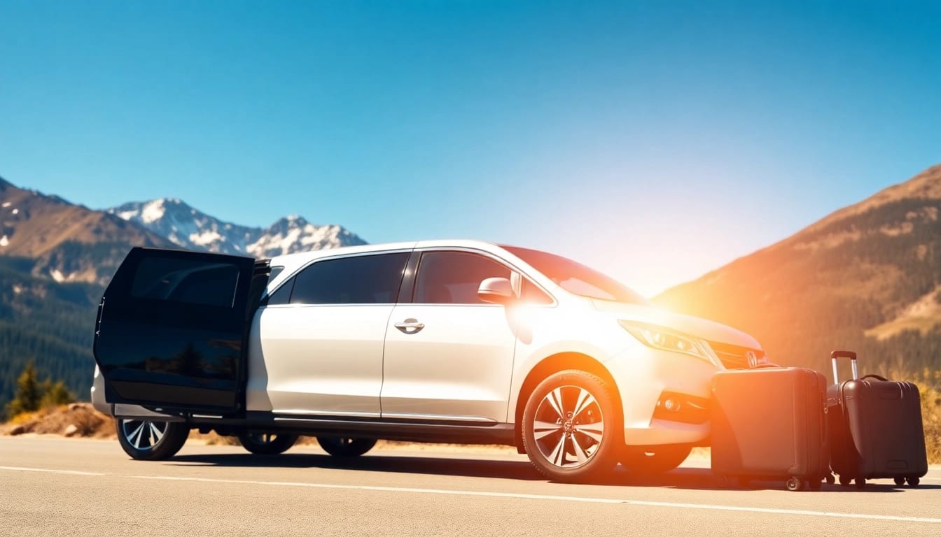 Experience vancouver to whistler car service with a luxurious vehicle on a scenic route amidst majestic mountains.