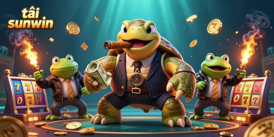Engage with vibrant gaming action in the tải sunwin 3D casino scene featuring a turtle mobster.