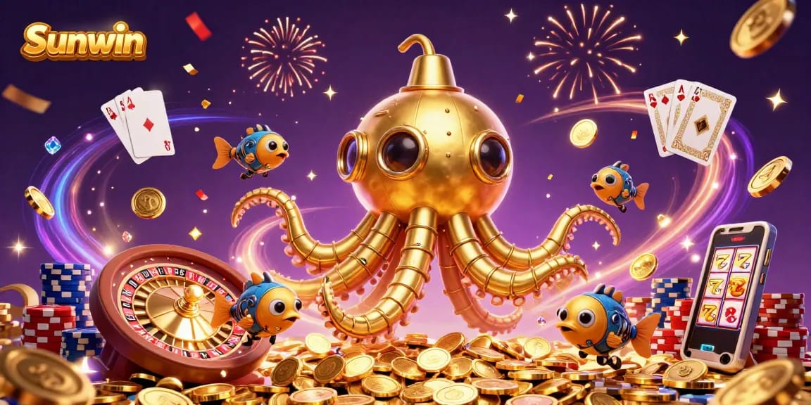 Engage with Sunwin's thrilling 3D casino adventure featuring the golden kraken amidst cascading coins and gems.