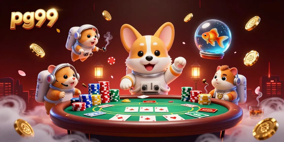 Engage in thrilling gameplay at pg99, with cartoon characters floating in a vibrant casino scene.