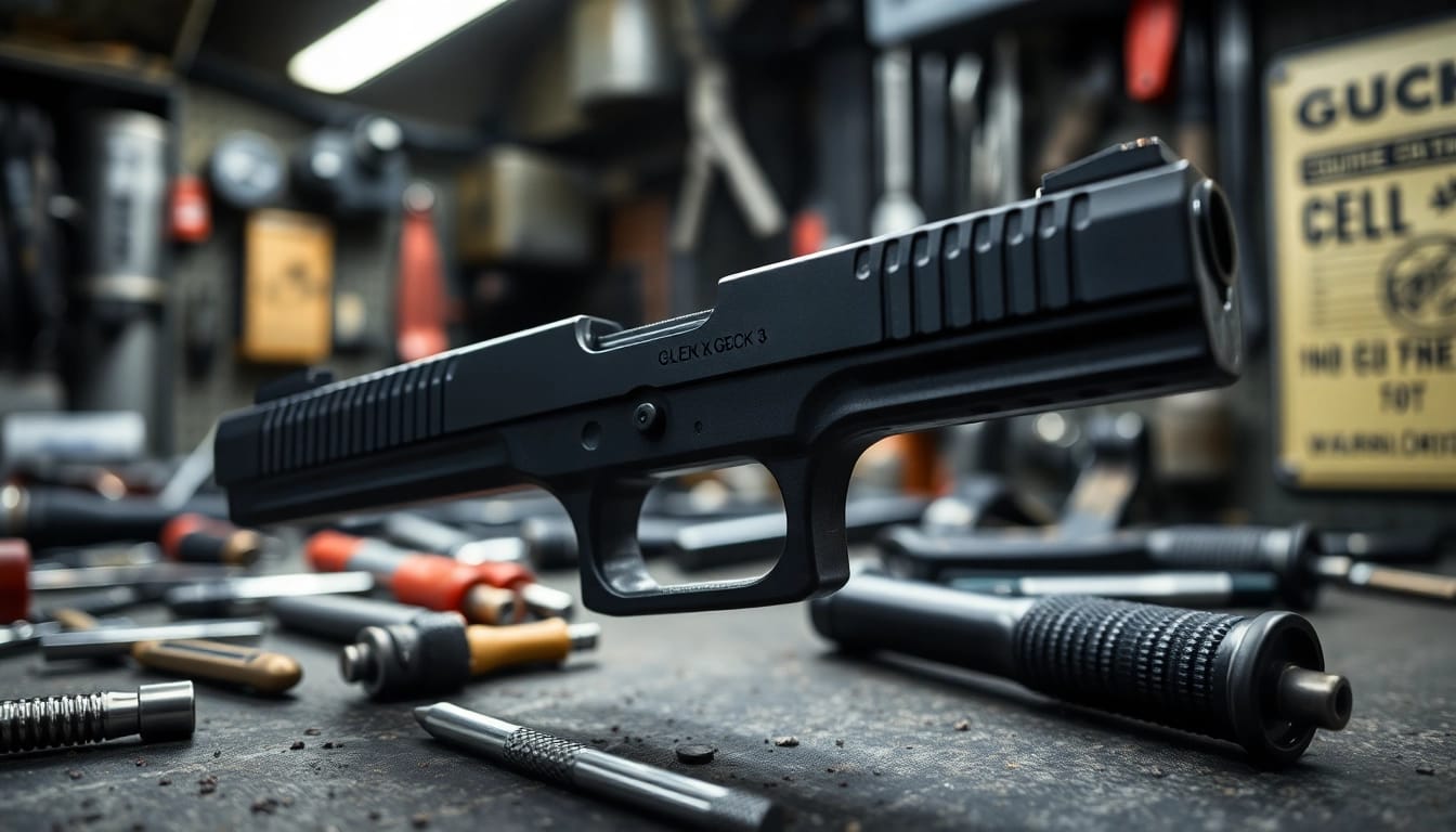 Examine the precision of the Glock 19 Gen 3 slide in a detailed workshop, showcasing its design.