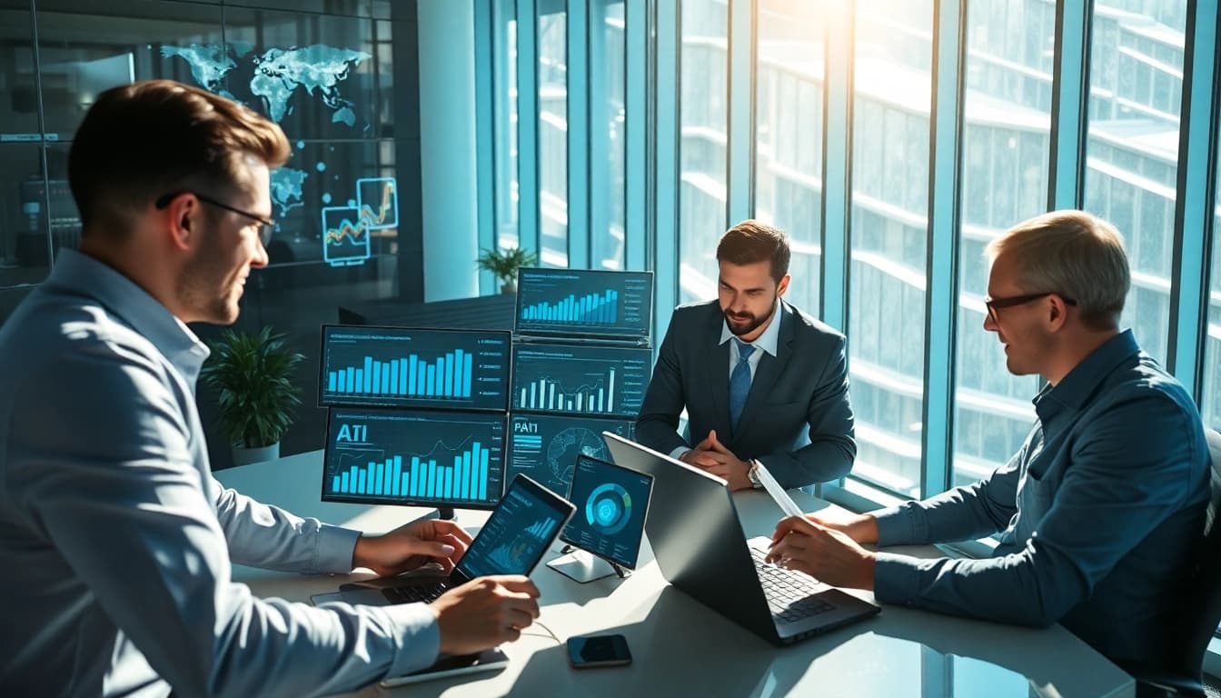 AI Overviews optimization for businesses depicted in a collaborative office setting with digital devices.