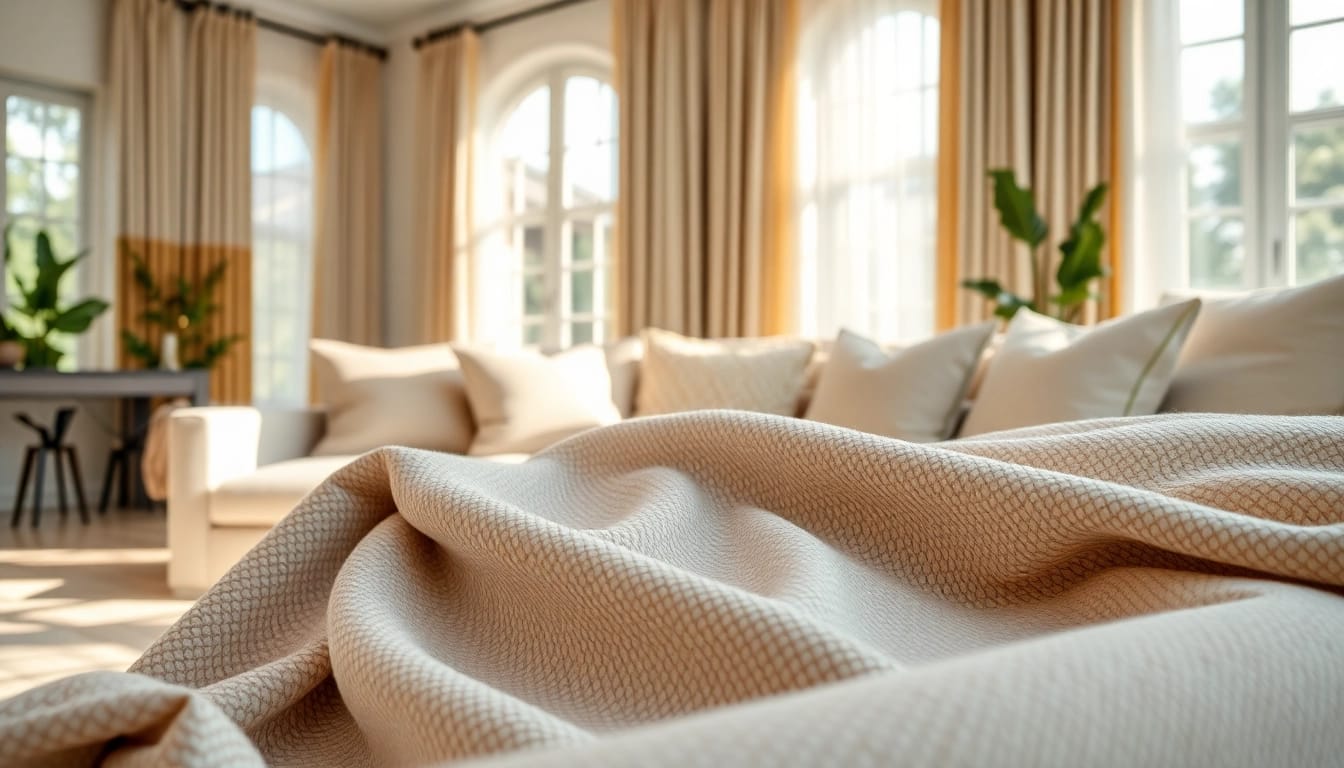 Discover stof op maat with luxurious textures and patterns showcased in a contemporary living room setting.
