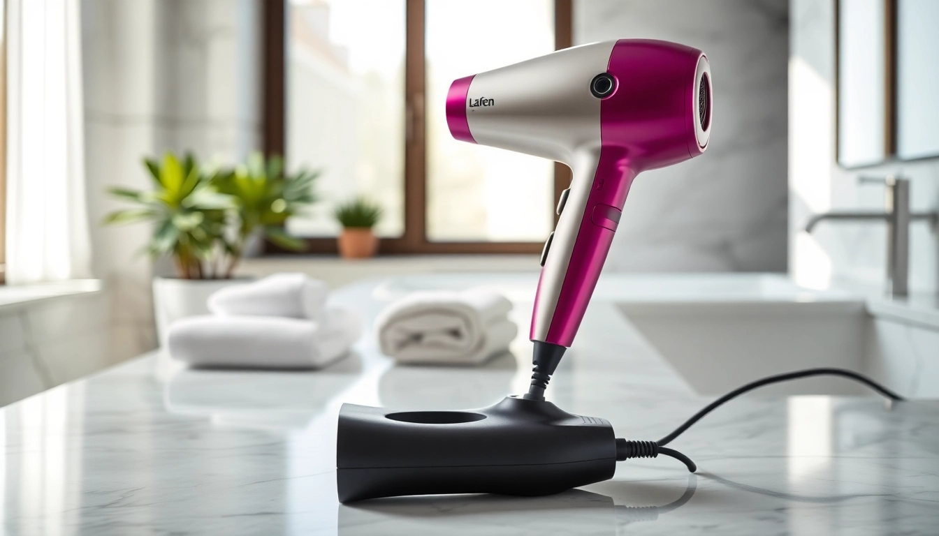 Laifen hair dryer displaying its sleek design on a marble countertop in a bright bathroom.