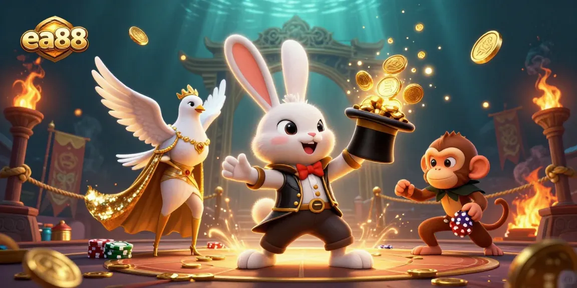 Experience the magic of ea88 with a whimsical 3D illustration showcasing a magician rabbit, glamorous dove, and playful monkey amidst a rich casino scene.