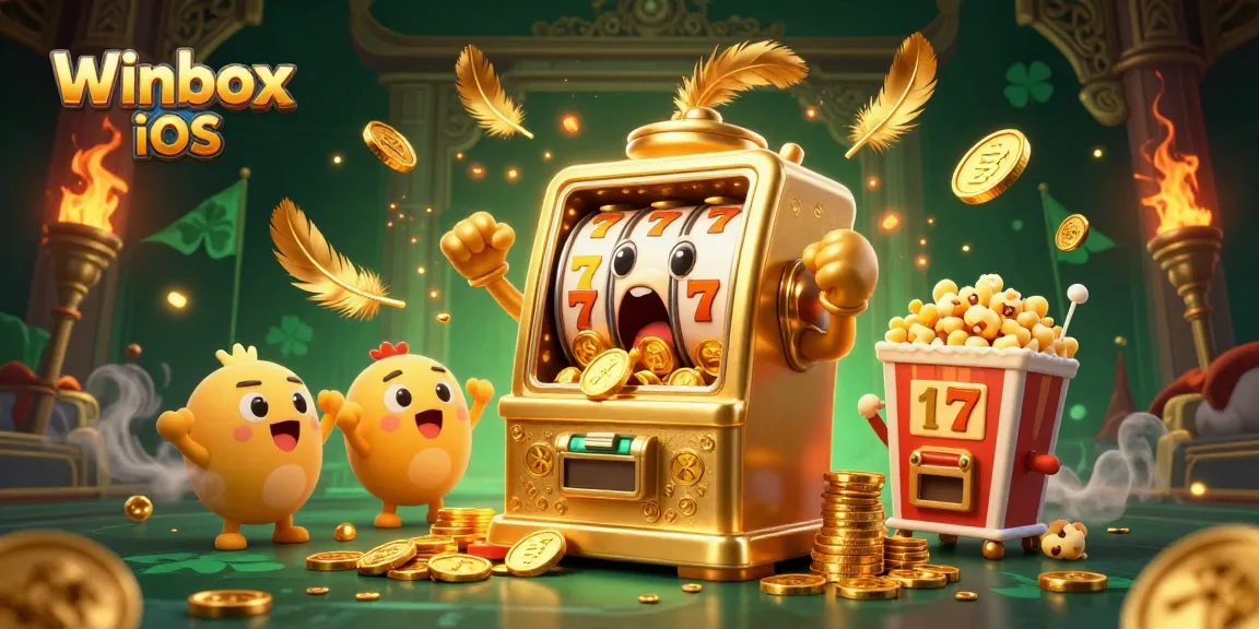 Experience excitement with Winbox iOS, featuring a golden slot machine hitting the jackpot.