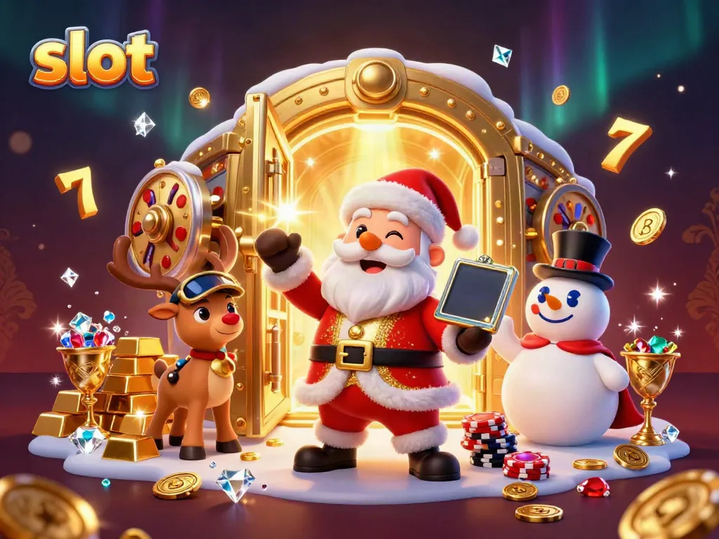 Menangkan slot jackpot dengan Santa dan karakter kasino lainnya di latar belakang mewah.