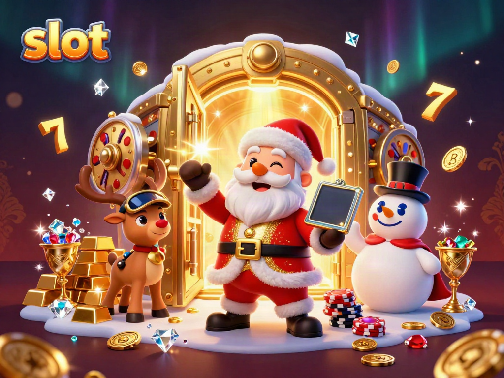 Menangkan slot jackpot dengan Santa dan karakter kasino lainnya di latar belakang mewah.