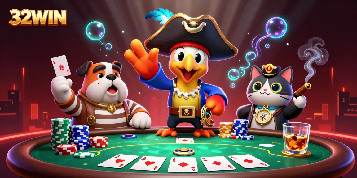 Engage with 32WIN's vibrant scene showcasing unique characters interacting with dynamic gaming elements.