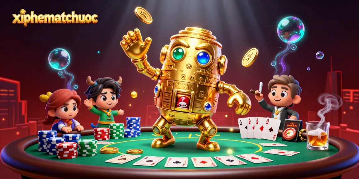 Experience thrilling xiphematchuoc gameplay featuring a dynamic golden golem amidst poker elements and vibrant casino atmosphere.