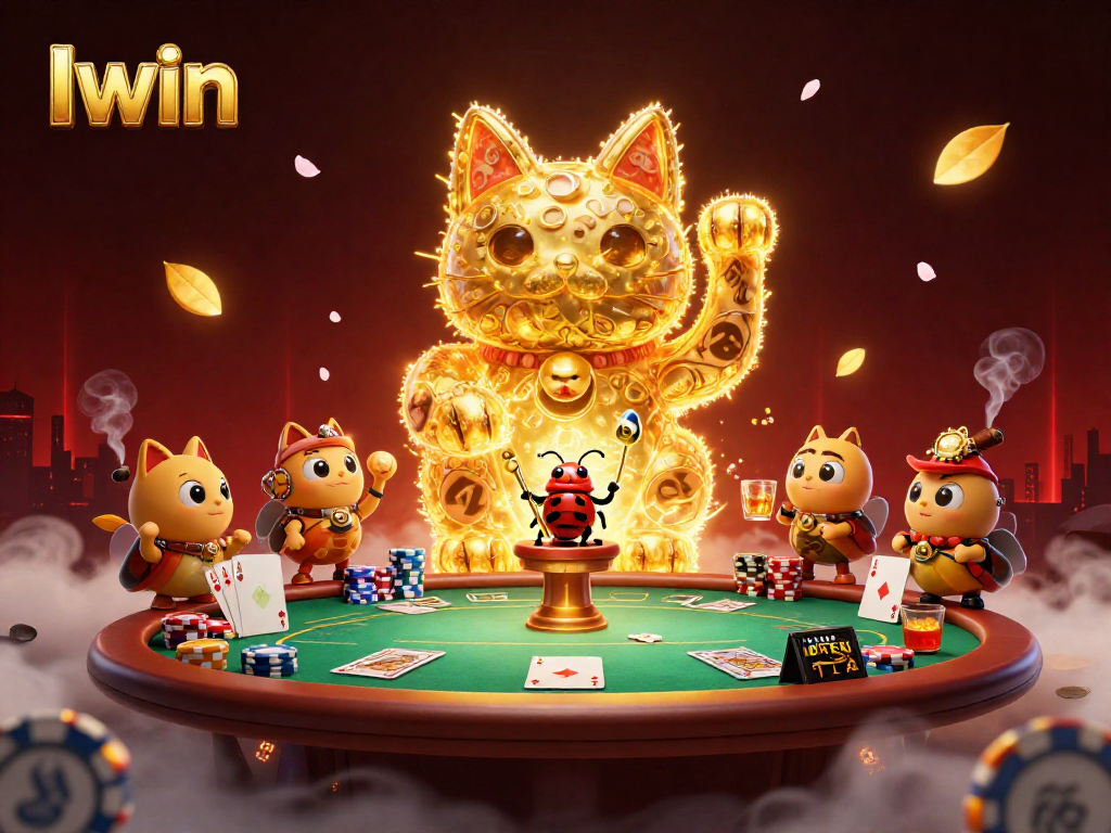Iwin presents a dynamic illustration of a lucky cat made of fireflies amid colorful poker elements.