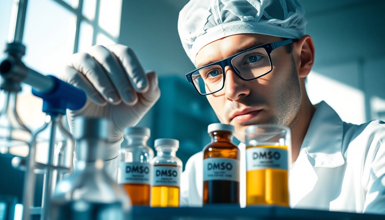 Health expert analyzing DMSO supplement vials in a clinical setting.