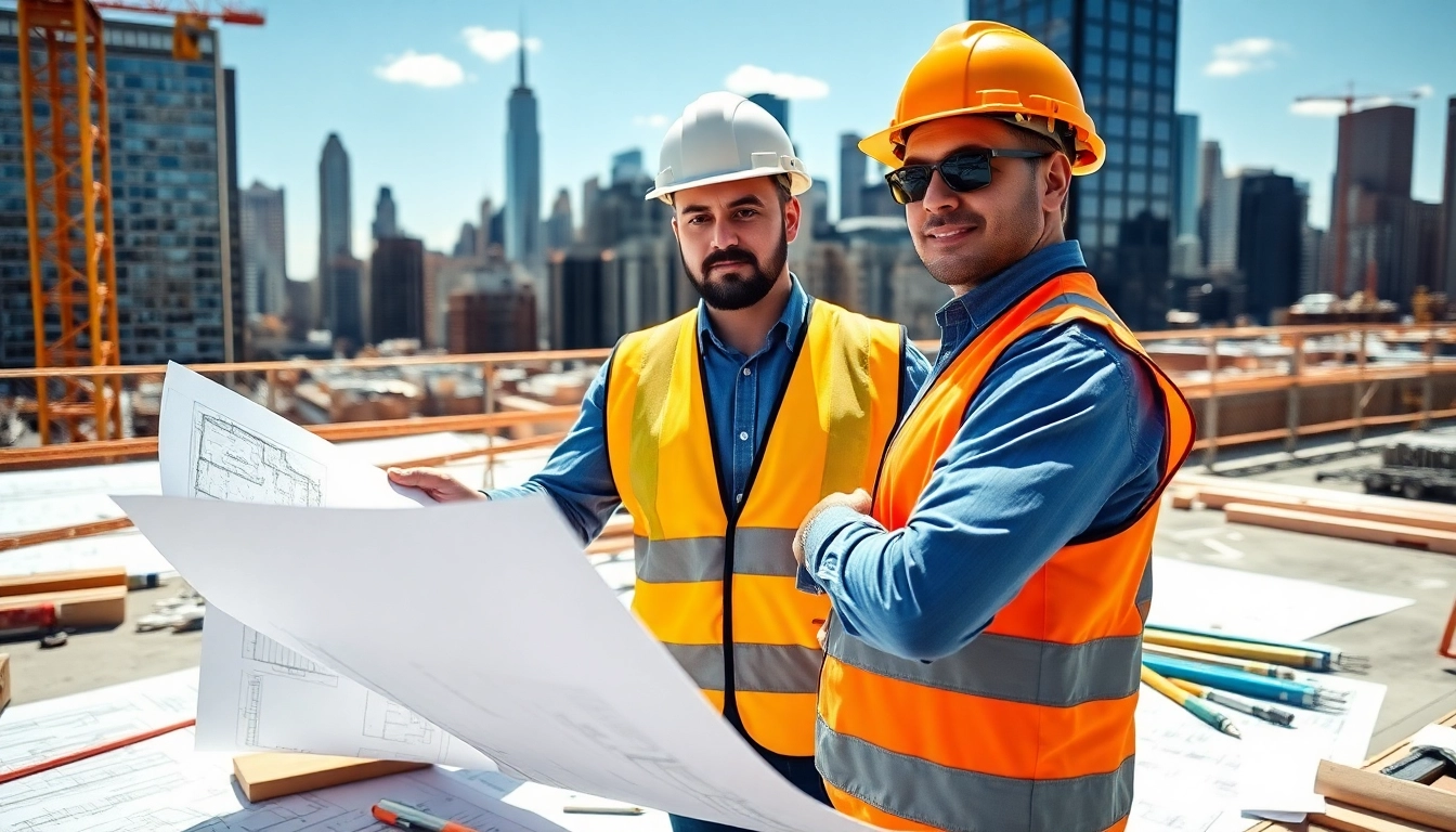 Manhattan Commercial General Contractor discussing planning strategies at a bustling construction site.