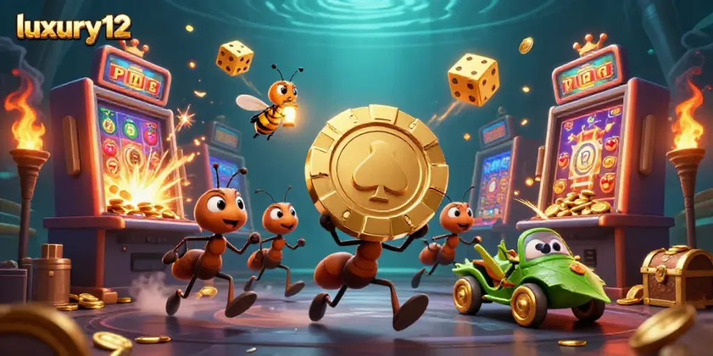 Experience the excitement of luxury12 with a cartoon heist scene filled with vibrant casino elements.