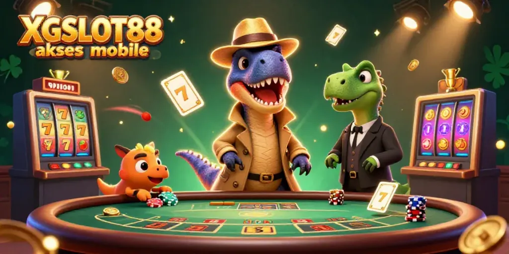 Gambarkan pengalaman menarik XGSLOT88 akses mobile dengan karakter kartun dan elemen kasino