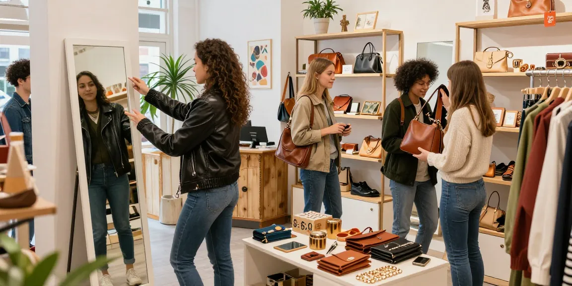 Stylish shoppers exploring leather goods and accessories in a bright boutique, highlighting the excitement of finding the perfect slot.