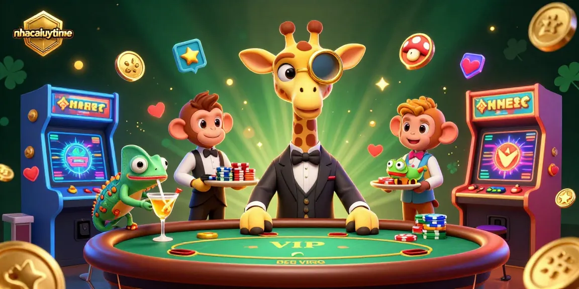 Experience the excitement of gambling at nhacaiuytinne with a lively giraffe, monkey, and chameleon in a 3D casino scene.