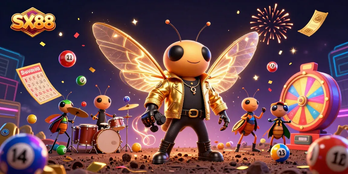 SX88 brings excitement to life through a vibrant scene with a rock star, colorful lottery balls, and a festive atmosphere.