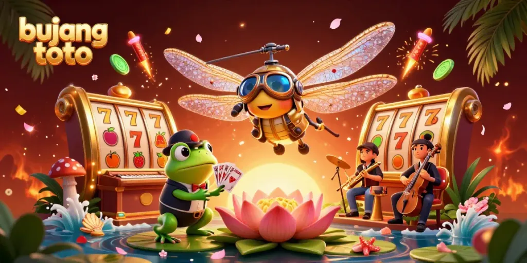 Engage with bujang toto as the dragonfly pilot hovers over a lively lily pad casino scene