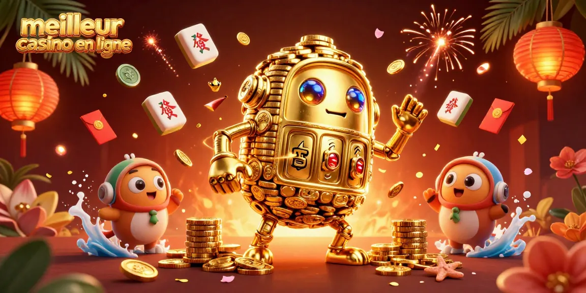 Jouer à meilleur casino en ligne avec un golem en or dans une scène riche en couleurs et éléments festifs.