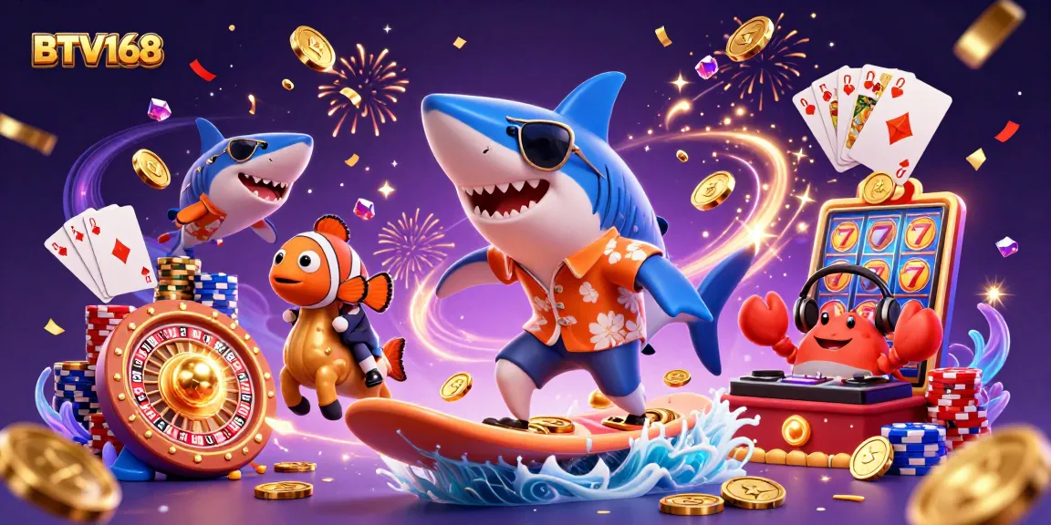 BTV168 showcases a lively casino scene with a cartoon shark, clownfish, and crab DJ surrounded by casino elements.
