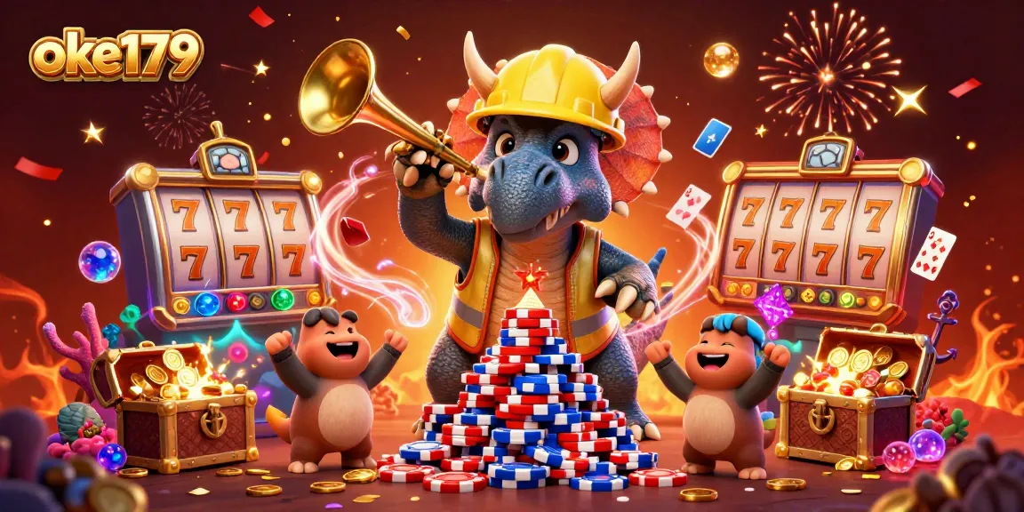 Celebrate big wins at oke179 with a lively casino scene featuring dinosaurs and poker chips!