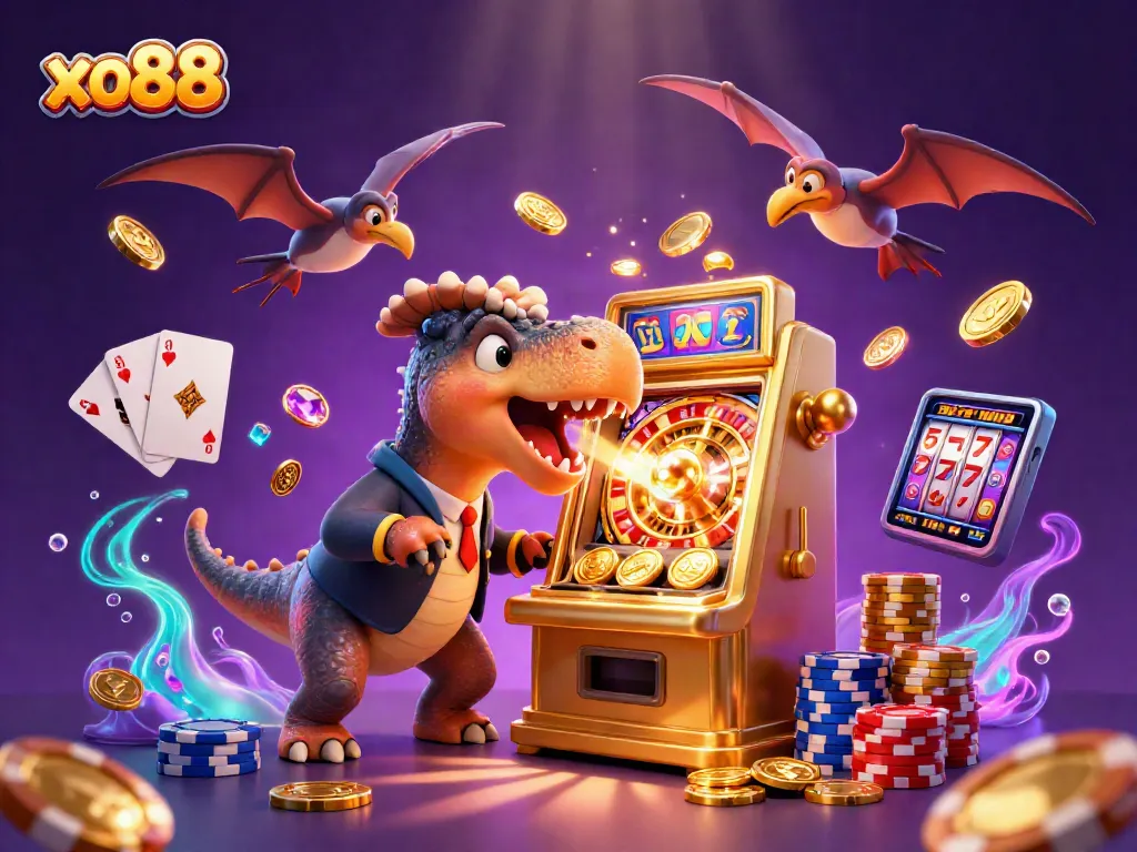 Experience thrilling moments at xo88 with a cartoon dinosaur activating a jackpot slot machine amidst dazzling coins.