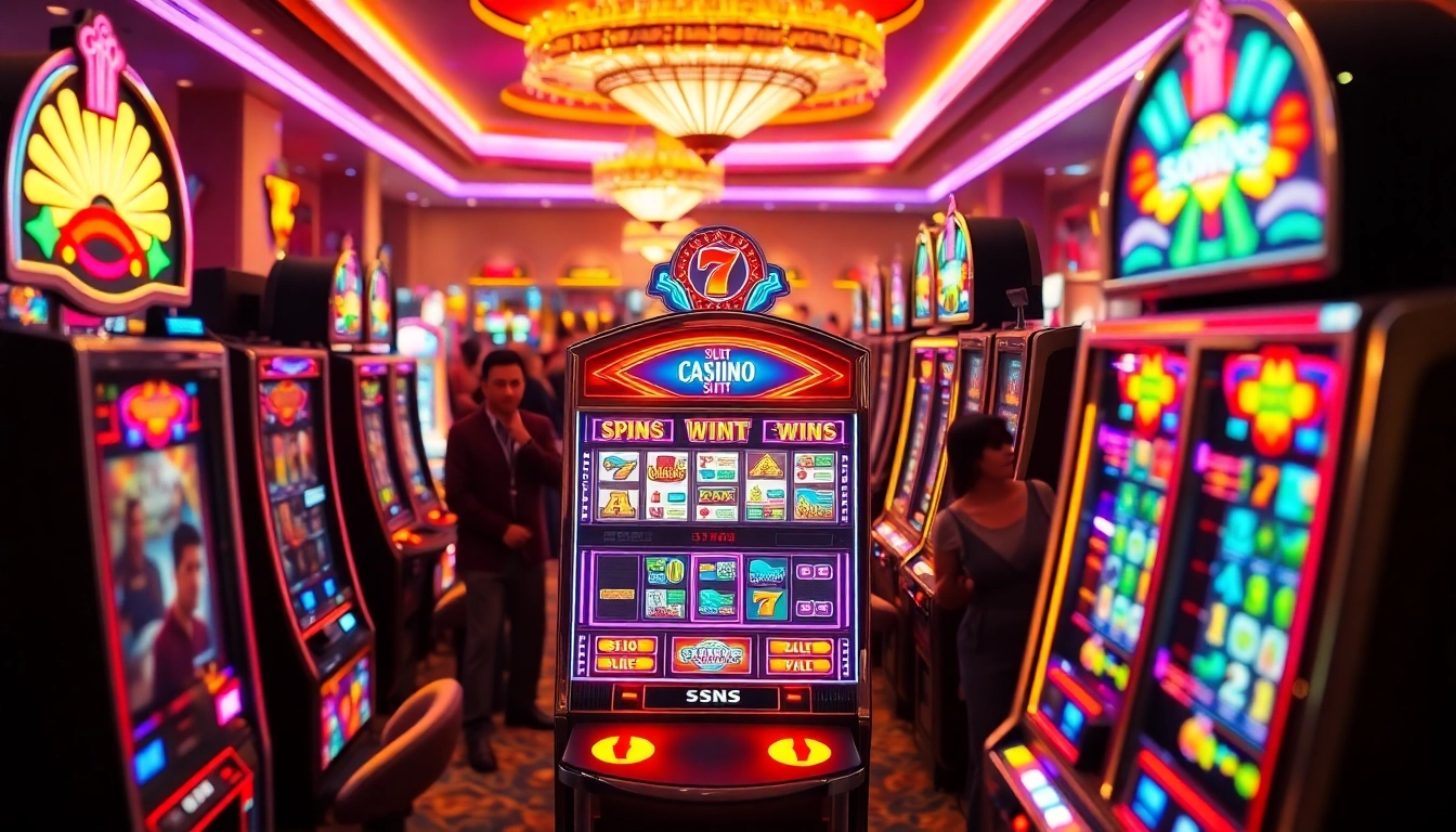 Experience the thrill of slot gambling with colorful machines and vibrant casino crowd.