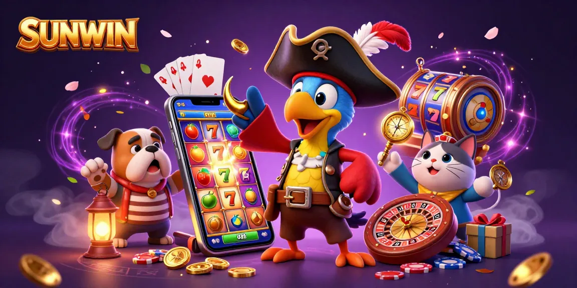 SUNWIN's pirate-themed slot adventure featuring a parrot captain, bulldog, and ship cat with colorful slot reels.