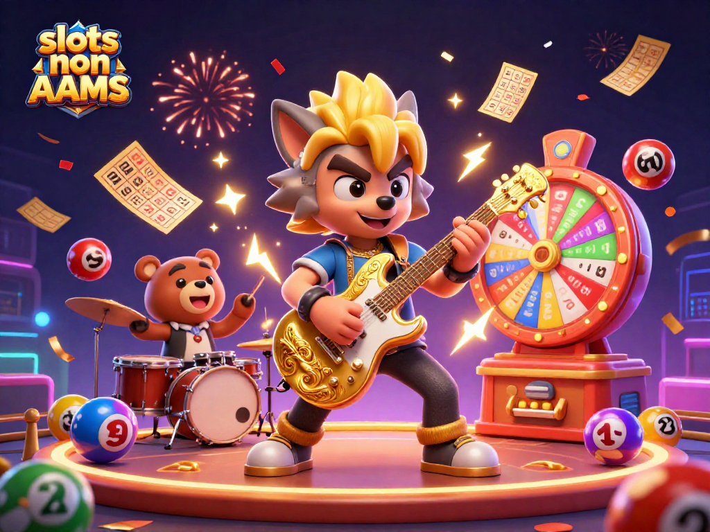 Gioca a slots non AAMS con un lupo rockstar in un'illustrazione di casinò vibrante.