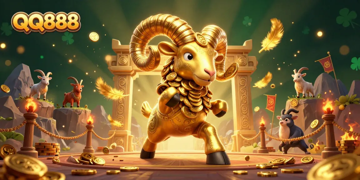 Experience thrilling gambling excitement with QQ888 in a dynamic 3D illustration featuring a golden ram and casino elements.