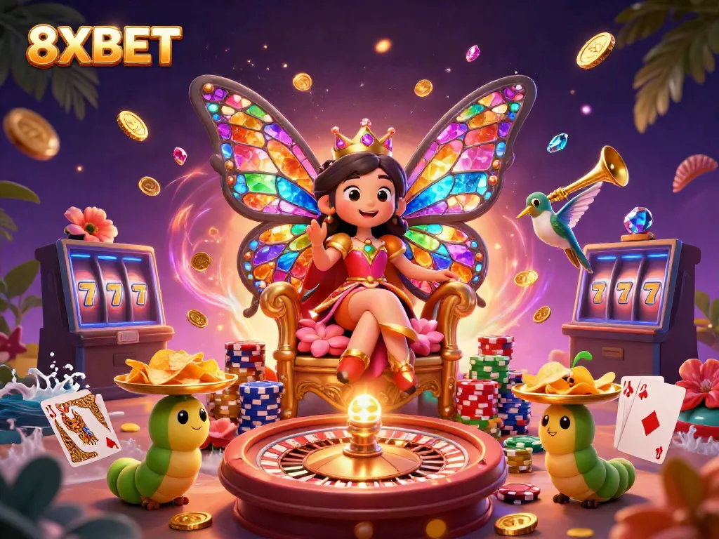 Engage in vibrant gameplay with 8XBET featuring a butterfly queen, dynamic game elements, and golden riches.
