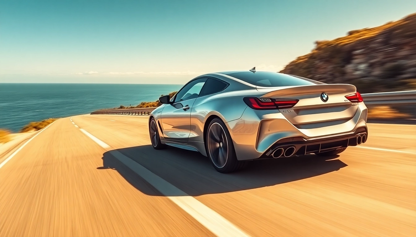 Luxury BMW car navigating a coastal road, showcasing elegance and power in motion.